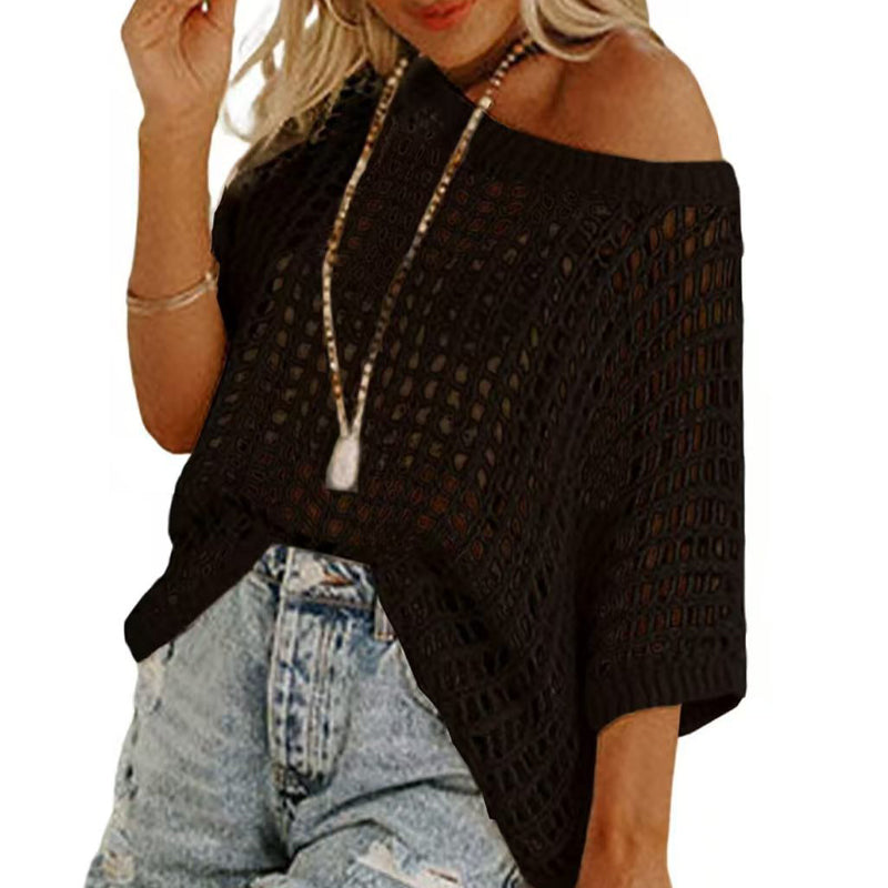 🎁2025 New Hot Sale - Womens Summer Scoop Neck Short Sleeve Sweater Casual Crochet Hollow Out Knit Tops Pullover Shirts Beach Coverup