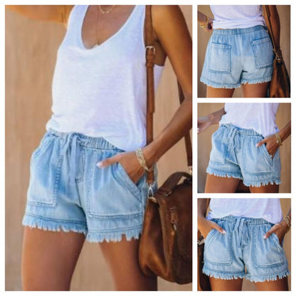 🌞2025 Sommer Neuankömmlinge🌸Hohe Taille mit Kordelzug Distressed Denim Shorts