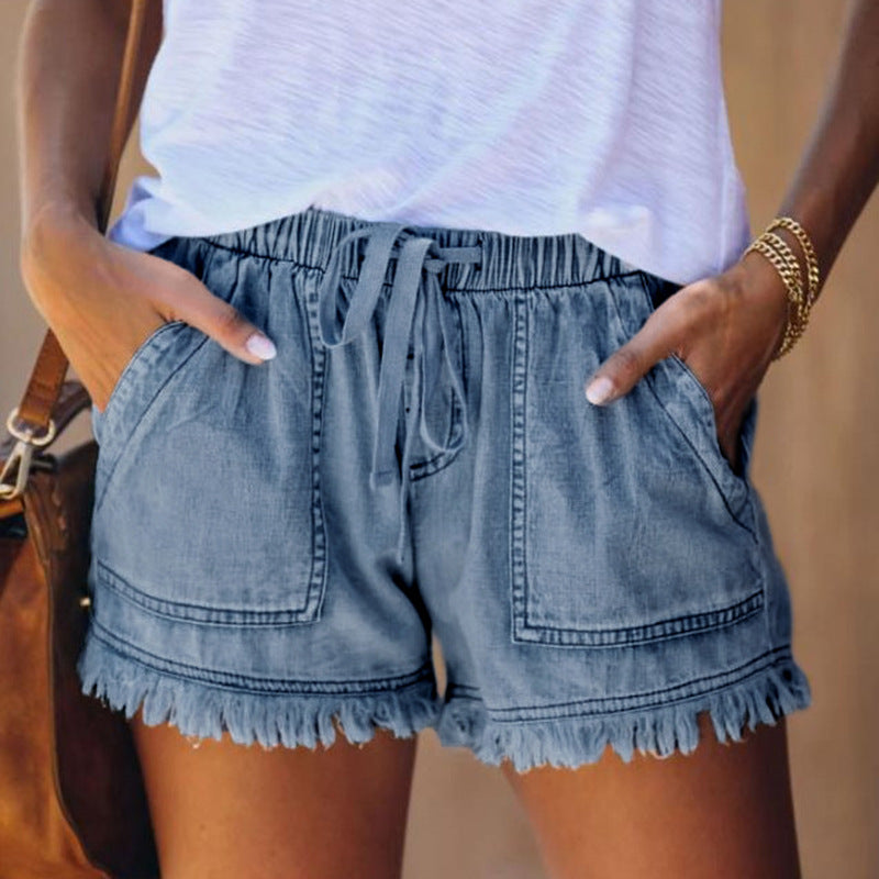 🌞2025 Sommer Neuankömmlinge🌸Hohe Taille mit Kordelzug Distressed Denim Shorts