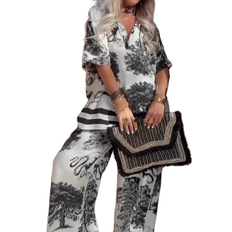 🍁Letzter Tag: 50% Rabatt✨Damen-Set mit Print: Top mit V-Ausschnitt & lange Hose