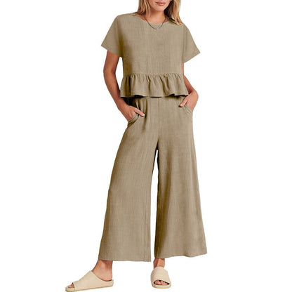 Lässiges Damen-Top mit kurzen Ärmeln und Hose mit weitem Bein, 2-teiliges Set