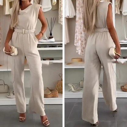🌞Frühlingserwachen: 50% Rabatt!💐Damen-Jumpsuit "Elegance": Wasserfallausschnitt & Gold-Akzent