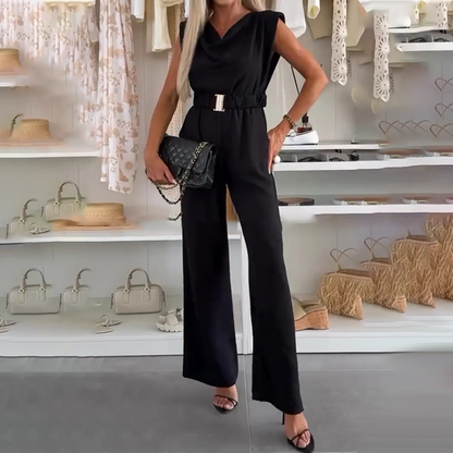 🌞Frühlingserwachen: 50% Rabatt!💐Damen-Jumpsuit "Elegance": Wasserfallausschnitt & Gold-Akzent