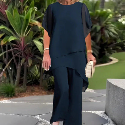 🌞Frühlingserwachen: 50% Rabatt!👗 Damen-Chiffon-Zweiteiler – Asymmetrisches Doppellagiges Top & Weite Hose – Atmungsaktiv & Elegant für Frühling & Urlaub