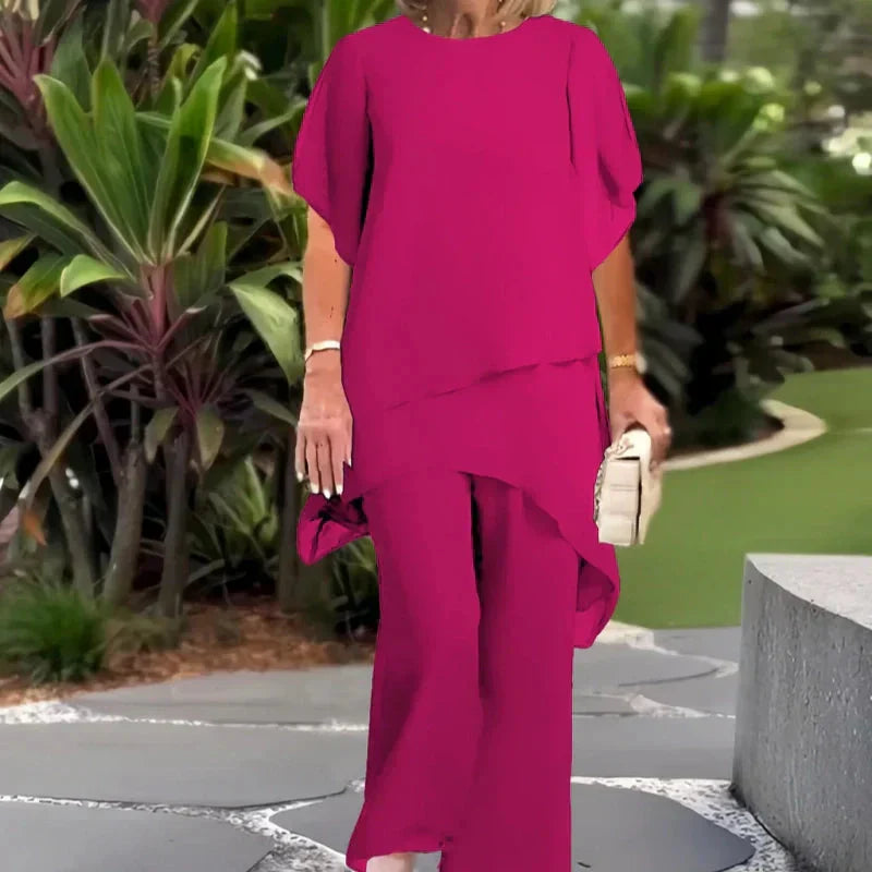 🌞Frühlingserwachen: 50% Rabatt!👗 Damen-Chiffon-Zweiteiler – Asymmetrisches Doppellagiges Top & Weite Hose – Atmungsaktiv & Elegant für Frühling & Urlaub