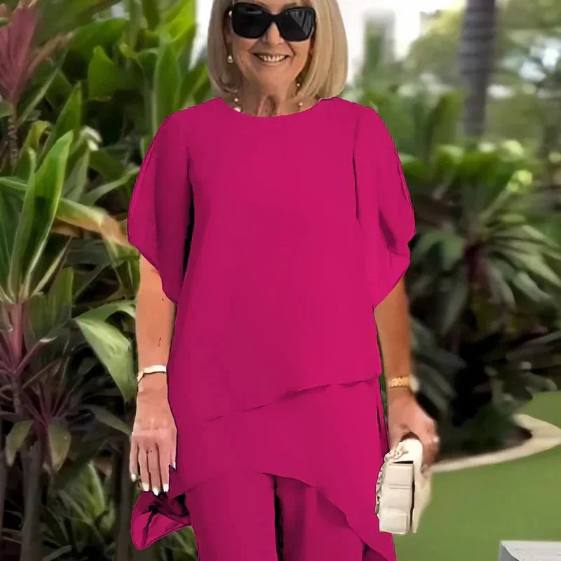 🌞Frühlingserwachen: 50% Rabatt!👗 Damen-Chiffon-Zweiteiler – Asymmetrisches Doppellagiges Top & Weite Hose – Atmungsaktiv & Elegant für Frühling & Urlaub