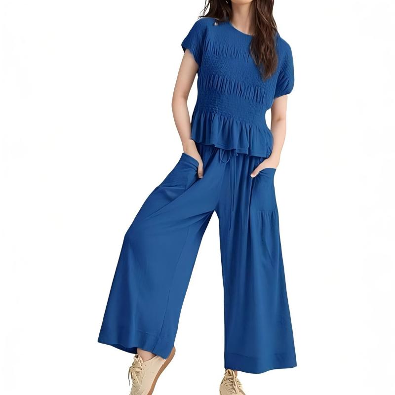 🌞Frühlingserwachen: 50% Rabatt!✨Damen Gesmoktes Zweiteiler Set – Weite Bein Hose & Strukturierte Bluse, Vielseitig für Büro & Alltag