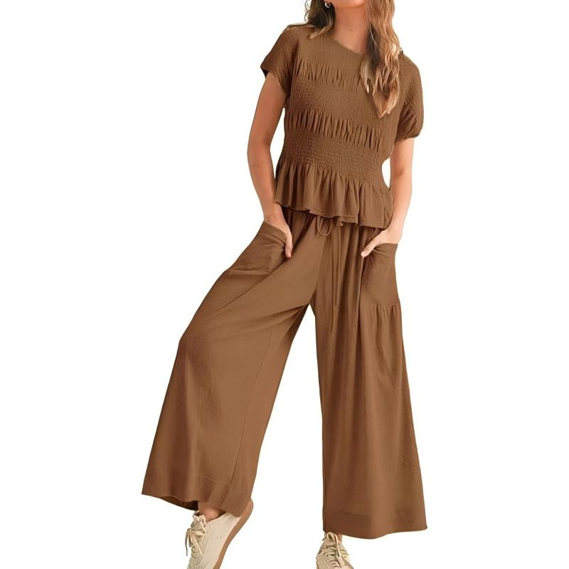 🌞Frühlingserwachen: 50% Rabatt!✨Damen Gesmoktes Zweiteiler Set – Weite Bein Hose & Strukturierte Bluse, Vielseitig für Büro & Alltag