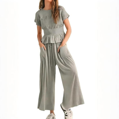 🌞Frühlingserwachen: 50% Rabatt!✨Damen Gesmoktes Zweiteiler Set – Weite Bein Hose & Strukturierte Bluse, Vielseitig für Büro & Alltag