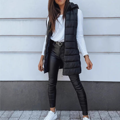 ❄️ Lange Pufferweste für Damen 👗 | Einfarbig | Ärmellos | Mit Kapuze | Winterkleidung 💕
