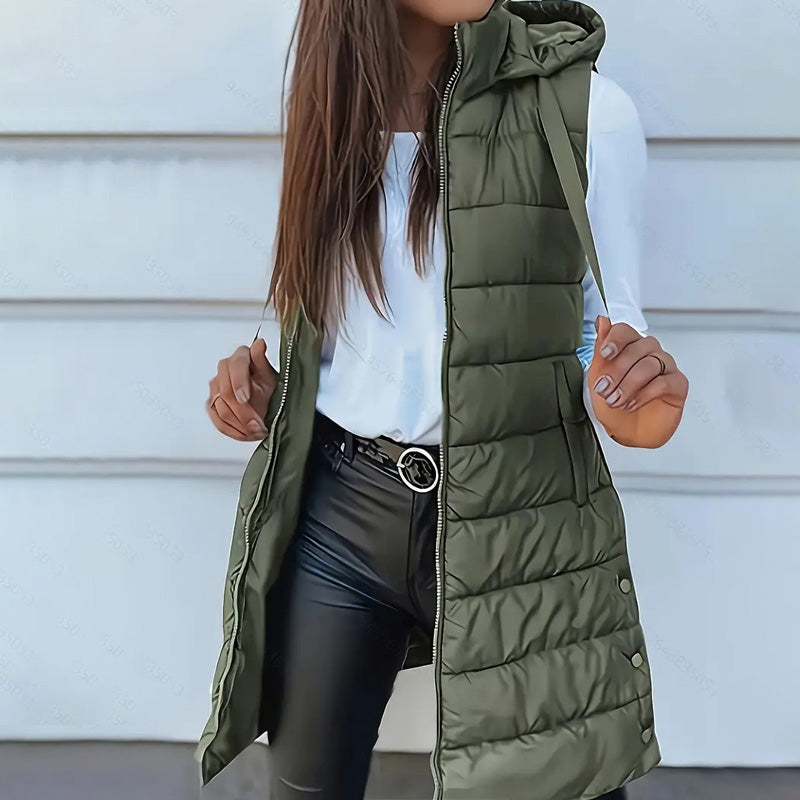 ❄️ Lange Pufferweste für Damen 👗 | Einfarbig | Ärmellos | Mit Kapuze | Winterkleidung 💕