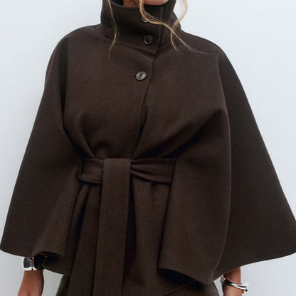 Damen Mantel im Cape-Stil mit Stehkragen und Gürtel