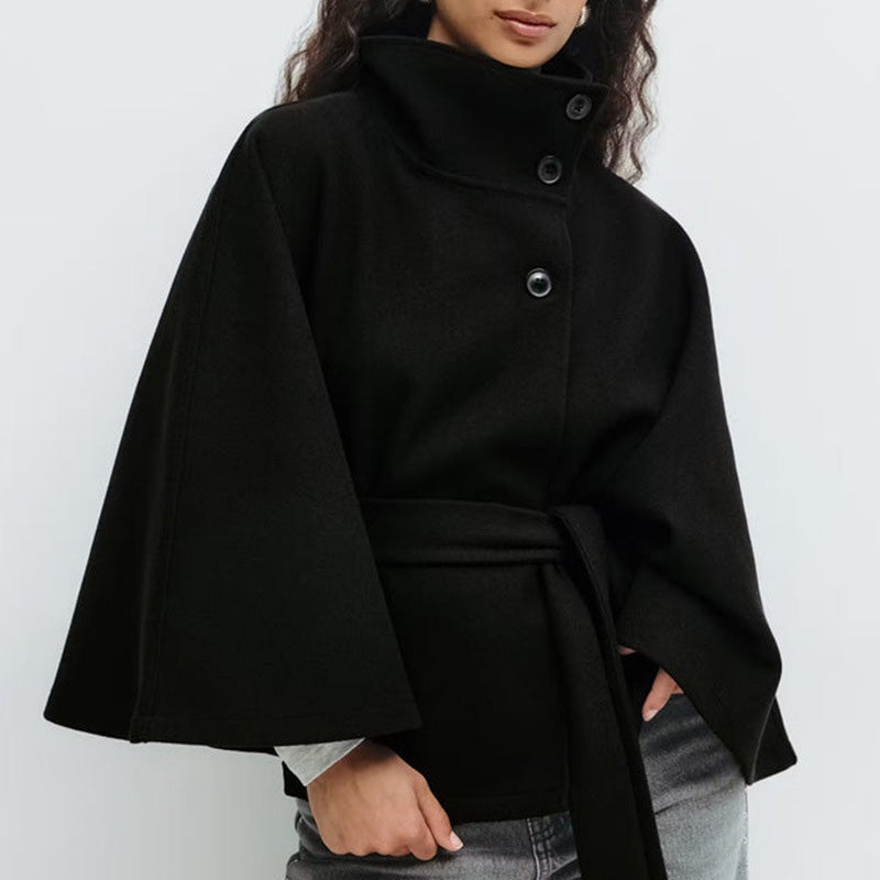 Damen Mantel im Cape-Stil mit Stehkragen und Gürtel