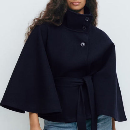 Damen Mantel im Cape-Stil mit Stehkragen und Gürtel