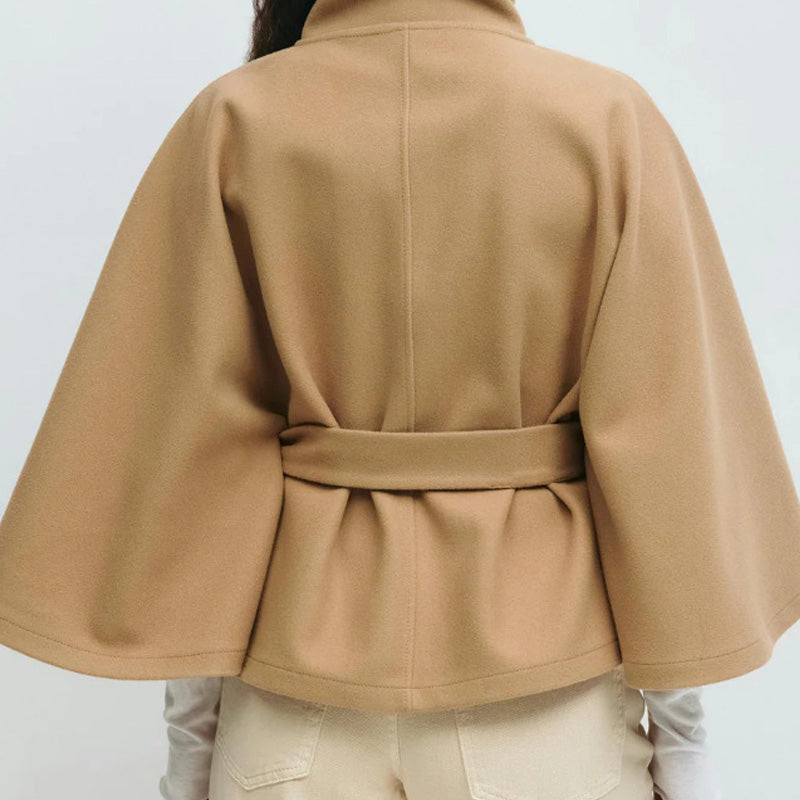 Damen Mantel im Cape-Stil mit Stehkragen und Gürtel