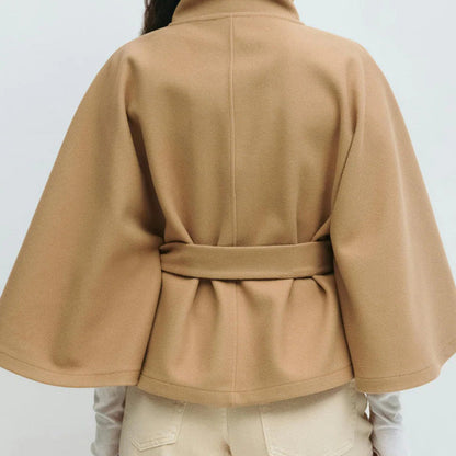 Damen Mantel im Cape-Stil mit Stehkragen und Gürtel