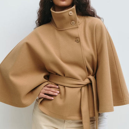 Damen Mantel im Cape-Stil mit Stehkragen und Gürtel