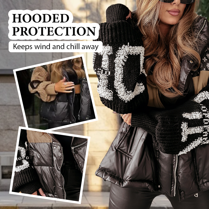 ❤️2025 Halbpreis-Ausverkauf🧥❄️ Damen-Steppjacke mit Kapuze, Strickärmeln und Patchwork-Design