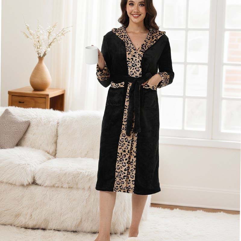 🎅Weihnachtsangebote 50_ RABATT🎁🎄Gemütliches Damenbadekleid mit Kapuze und Leopardenmuster