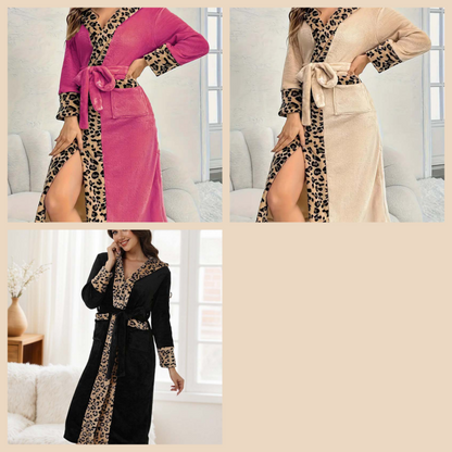 🎅Weihnachtsangebote 50_ RABATT🎁🎄Gemütliches Damenbadekleid mit Kapuze und Leopardenmuster