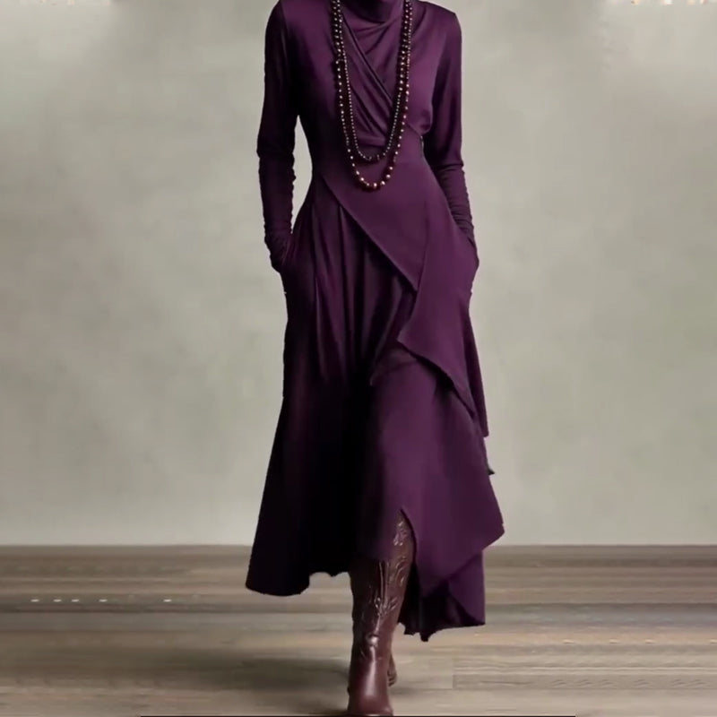💖Black-Friday-Mega-Angebot – 50 % Rabatt!💖Damen elegantes Maxikleid mit hohem Kragen und asymmetrischer Drapierung