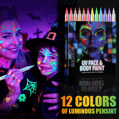🎉 Neujahrsgeschenk – 50% RABATT!UV-Leucht-Gesichts & Körpermalstifte – 12 Farben Neon-Leuchteffekt für Partys & Feiern