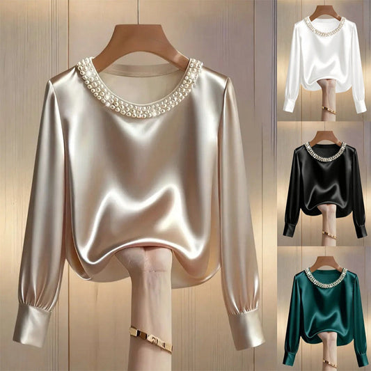 💘 Valentinstagsangebot: 50% Rabatt! ✨ Damen-Satin-Bluse mit Perlenkragen: Glänzend & elegant – perfekt für Büro & Abend