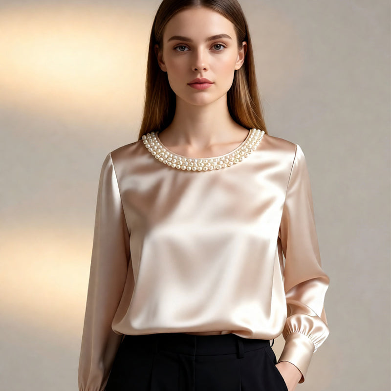 💘 Valentinstagsangebot: 50% Rabatt! ✨ Damen-Satin-Bluse mit Perlenkragen: Glänzend & elegant – perfekt für Büro & Abend
