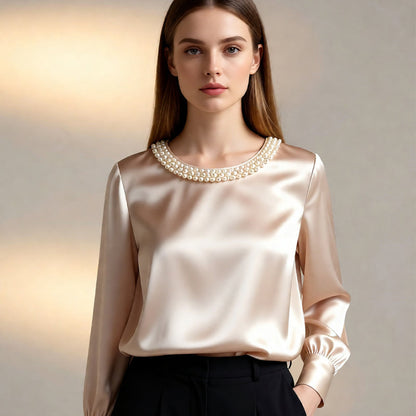 💘 Valentinstagsangebot: 50% Rabatt! ✨ Damen-Satin-Bluse mit Perlenkragen: Glänzend & elegant – perfekt für Büro & Abend