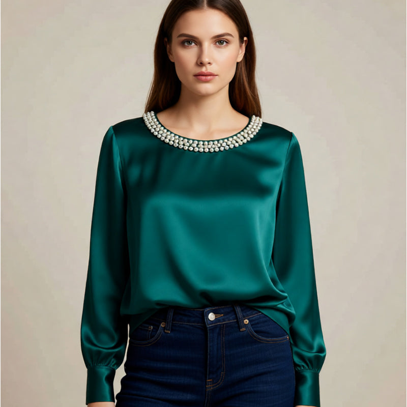💘 Valentinstagsangebot: 50% Rabatt! ✨ Damen-Satin-Bluse mit Perlenkragen: Glänzend & elegant – perfekt für Büro & Abend