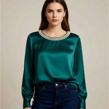 💘 Valentinstagsangebot: 50% Rabatt! ✨ Damen-Satin-Bluse mit Perlenkragen: Glänzend & elegant – perfekt für Büro & Abend