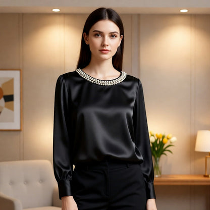 💘 Valentinstagsangebot: 50% Rabatt! ✨ Damen-Satin-Bluse mit Perlenkragen: Glänzend & elegant – perfekt für Büro & Abend