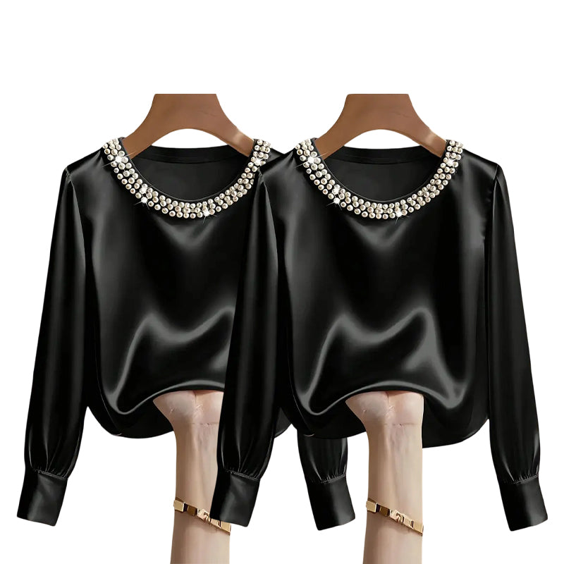 💘 Valentinstagsangebot: 50% Rabatt! ✨ Damen-Satin-Bluse mit Perlenkragen: Glänzend & elegant – perfekt für Büro & Abend
