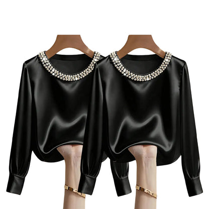 💘 Valentinstagsangebot: 50% Rabatt! ✨ Damen-Satin-Bluse mit Perlenkragen: Glänzend & elegant – perfekt für Büro & Abend