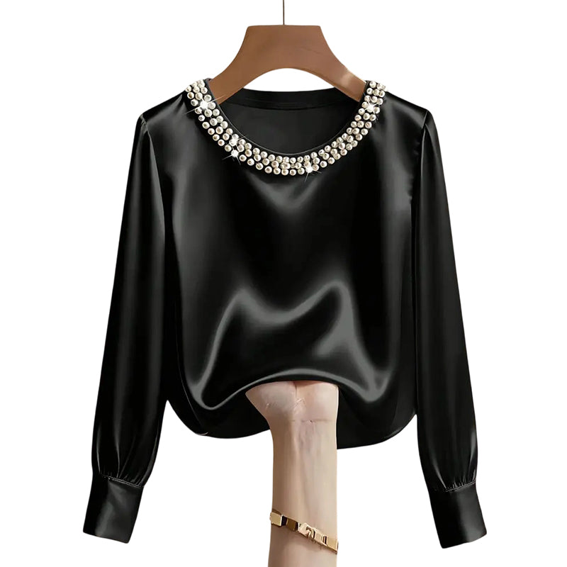 💘 Valentinstagsangebot: 50% Rabatt! ✨ Damen-Satin-Bluse mit Perlenkragen: Glänzend & elegant – perfekt für Büro & Abend