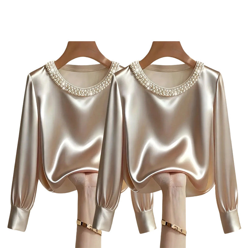 💘 Valentinstagsangebot: 50% Rabatt! ✨ Damen-Satin-Bluse mit Perlenkragen: Glänzend & elegant – perfekt für Büro & Abend