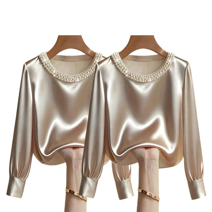 💘 Valentinstagsangebot: 50% Rabatt! ✨ Damen-Satin-Bluse mit Perlenkragen: Glänzend & elegant – perfekt für Büro & Abend