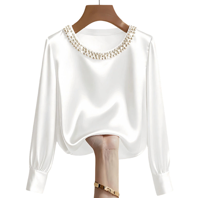 💘 Valentinstagsangebot: 50% Rabatt! ✨ Damen-Satin-Bluse mit Perlenkragen: Glänzend & elegant – perfekt für Büro & Abend