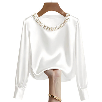 💘 Valentinstagsangebot: 50% Rabatt! ✨ Damen-Satin-Bluse mit Perlenkragen: Glänzend & elegant – perfekt für Büro & Abend