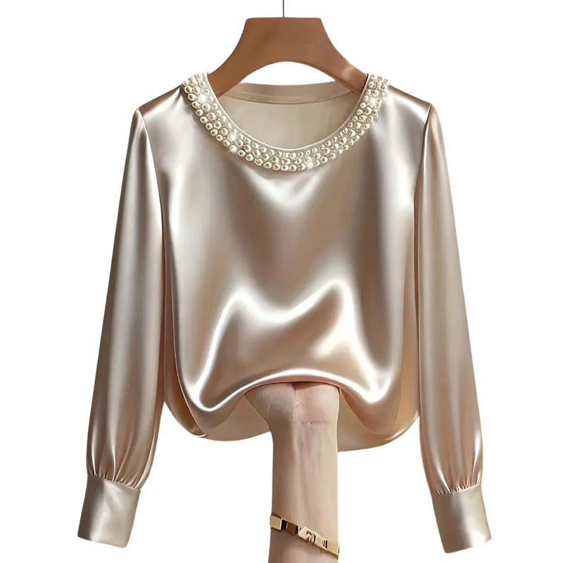 💘 Valentinstagsangebot: 50% Rabatt! ✨ Damen-Satin-Bluse mit Perlenkragen: Glänzend & elegant – perfekt für Büro & Abend