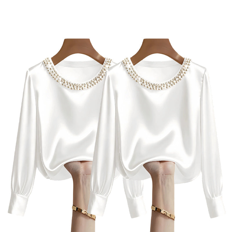 💘 Valentinstagsangebot: 50% Rabatt! ✨ Damen-Satin-Bluse mit Perlenkragen: Glänzend & elegant – perfekt für Büro & Abend