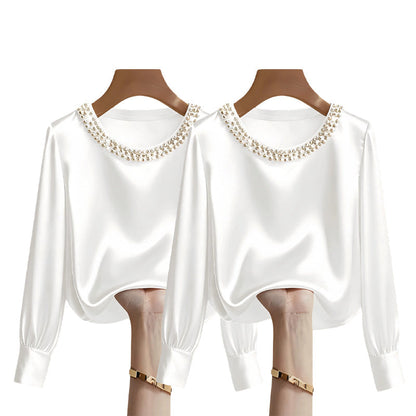💘 Valentinstagsangebot: 50% Rabatt! ✨ Damen-Satin-Bluse mit Perlenkragen: Glänzend & elegant – perfekt für Büro & Abend