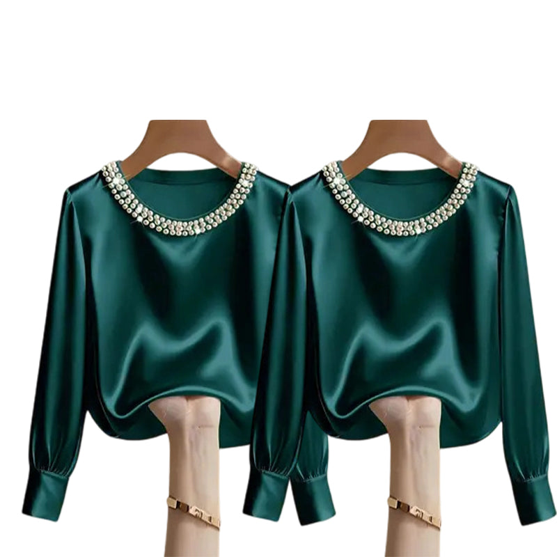 💘 Valentinstagsangebot: 50% Rabatt! ✨ Damen-Satin-Bluse mit Perlenkragen: Glänzend & elegant – perfekt für Büro & Abend