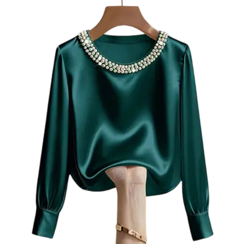 💘 Valentinstagsangebot: 50% Rabatt! ✨ Damen-Satin-Bluse mit Perlenkragen: Glänzend & elegant – perfekt für Büro & Abend