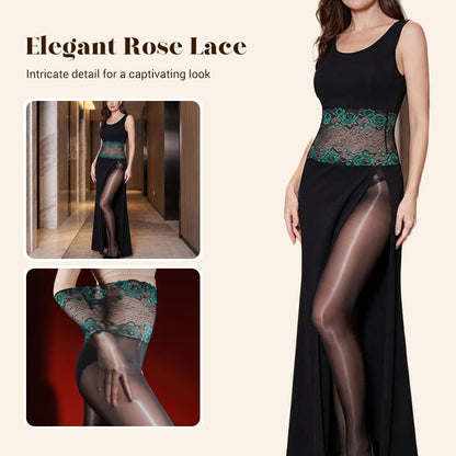 🌞Frühlingserwachen: 50% Rabatt!✨Verführerische 8D Öl-Glanz Strumpfhose: High-Waist Tights mit eleganter Rosen-Spitze