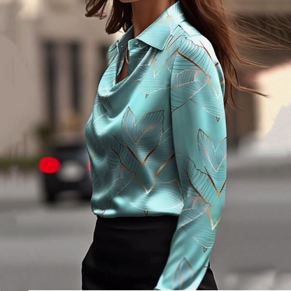 🧵 Damen-Satin-Bluse mit Cowl-Ausschnitt: Glänzend + Blattmuster – elegant für Büro & Abend
