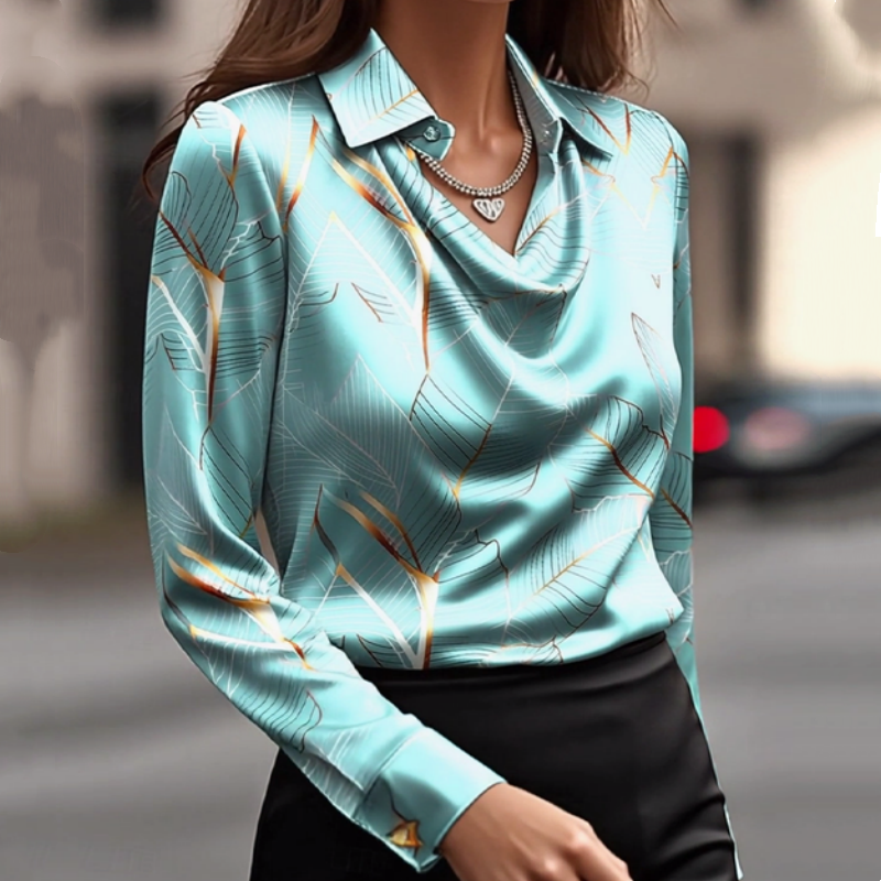 🧵 Damen-Satin-Bluse mit Cowl-Ausschnitt: Glänzend + Blattmuster – elegant für Büro & Abend