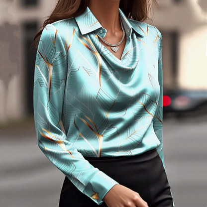 🧵 Damen-Satin-Bluse mit Cowl-Ausschnitt: Glänzend + Blattmuster – elegant für Büro & Abend