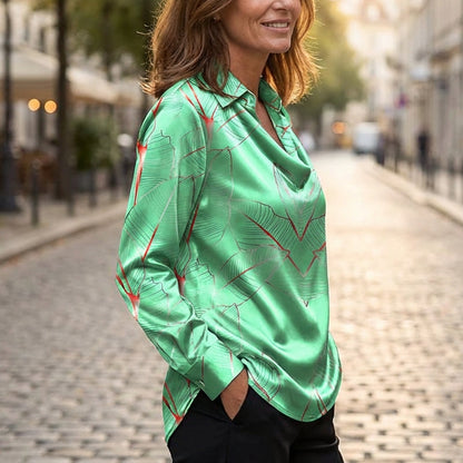 🧵 Damen-Satin-Bluse mit Cowl-Ausschnitt: Glänzend + Blattmuster – elegant für Büro & Abend