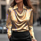 🧵 Damen-Satin-Bluse mit Cowl-Ausschnitt: Glänzend + Blattmuster – elegant für Büro & Abend